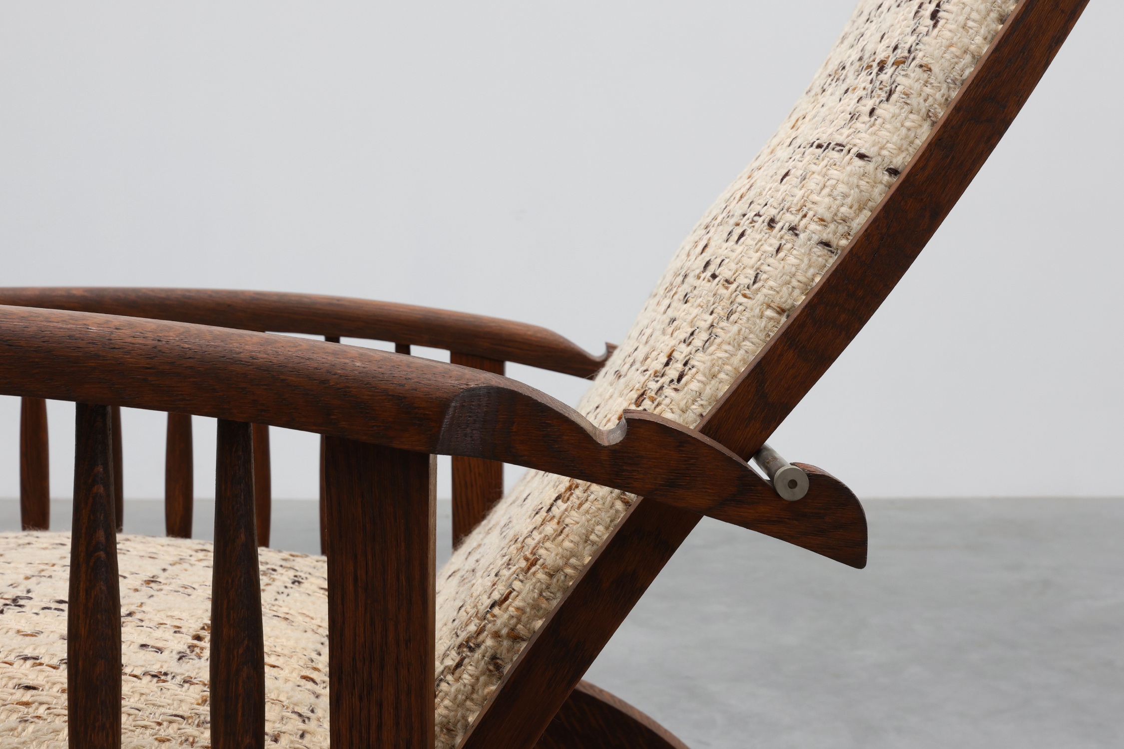 Arts & Craft oak armchair with spindle sides and tweed upholstery, Belgium, 1920sthumbnail